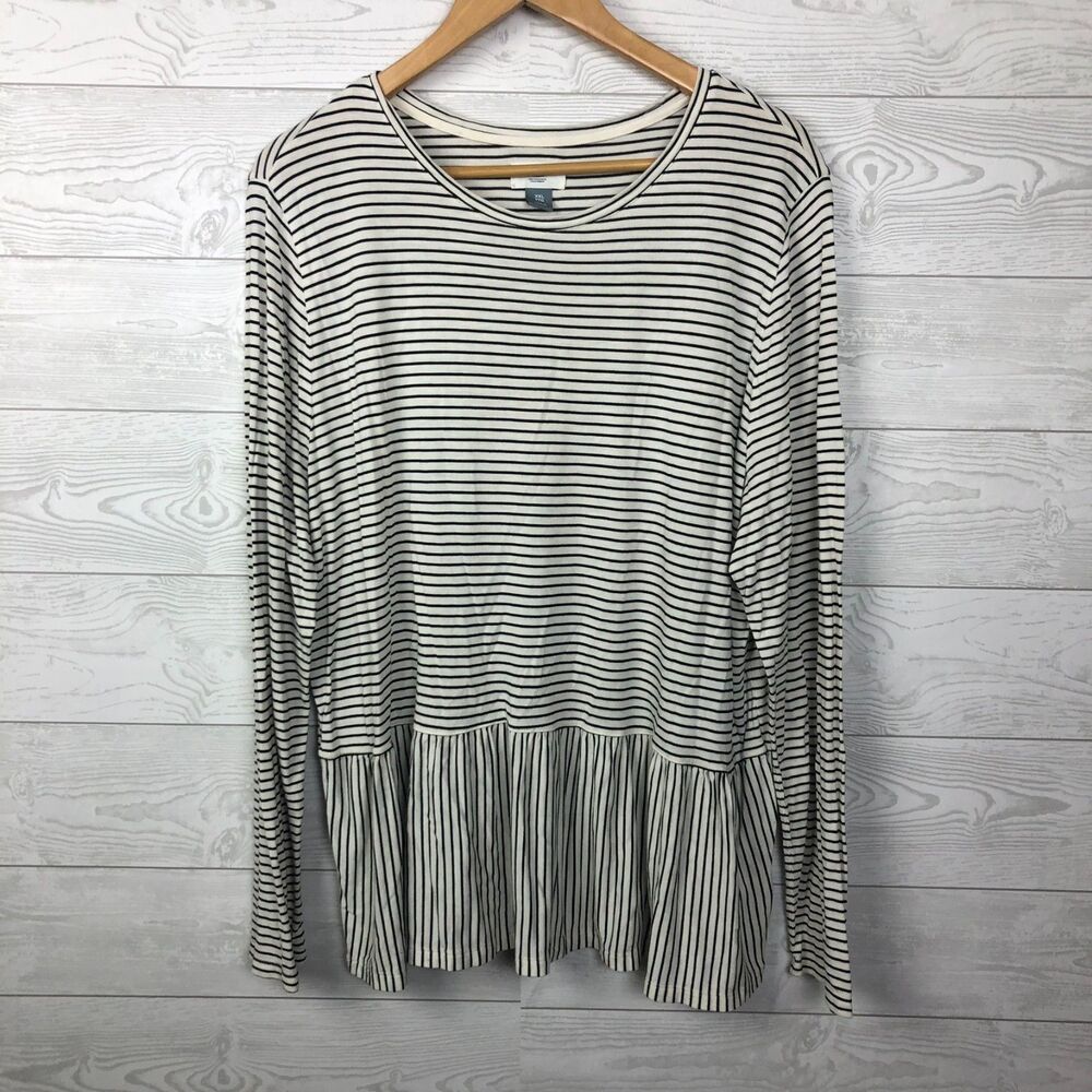 Old Navy Women's XXL Striped Long Sleeve Peplum Shirt Black White Scoop Neck
